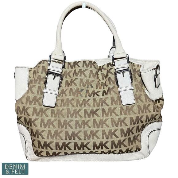 Michael Kors MK Logo Canvas Satchel with Cream Leather Trim & Charm Tote Bag - Picture 2 of 16